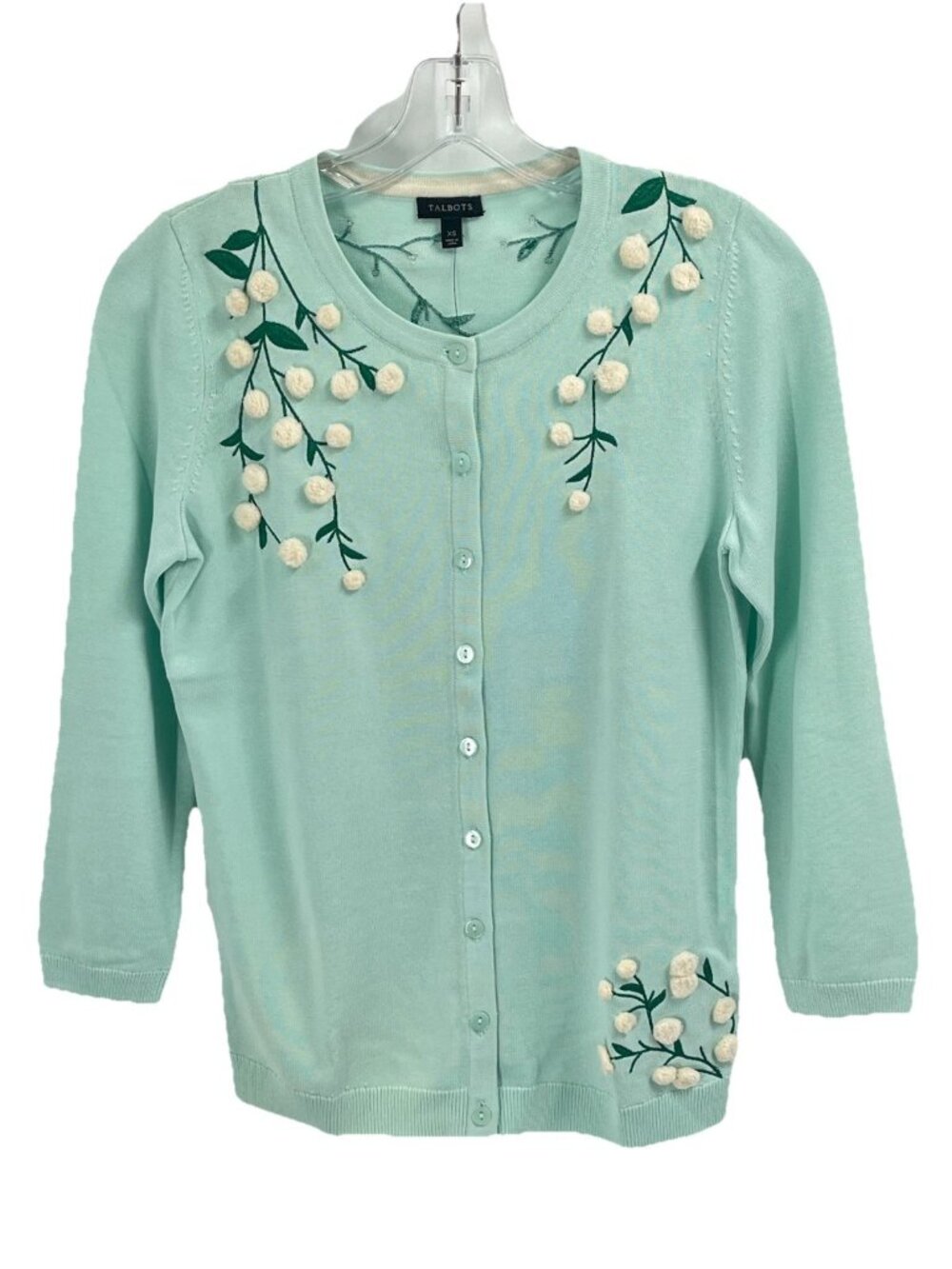 Talbots Mint Floral Applique Cardigan XS Embroidered Pom Pom Cottagecore NWT